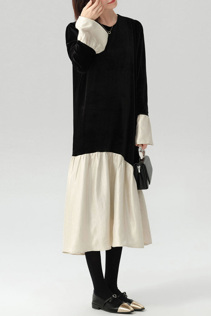 Asymmetric Patchwork Long-Sleeve Velvet Dress  Fibflx