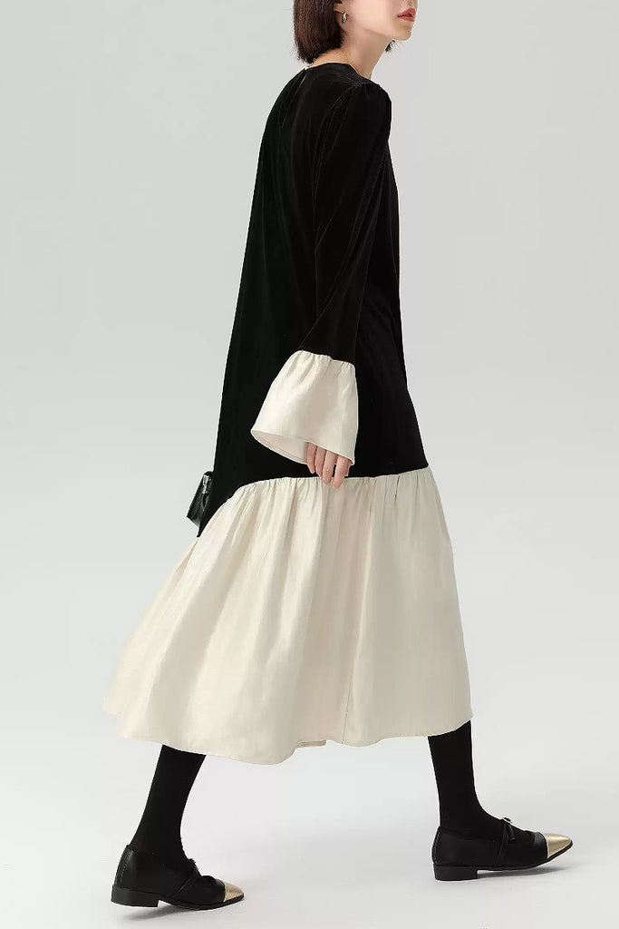 Asymmetric Patchwork Long-Sleeve Velvet Dress  Fibflx