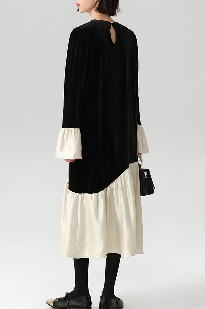 Asymmetric Patchwork Long-Sleeve Velvet Dress  Fibflx