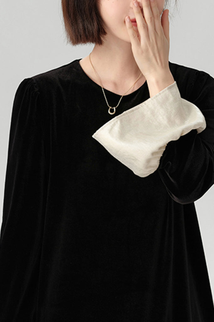Asymmetric Patchwork Long-Sleeve Velvet Dress  Fibflx