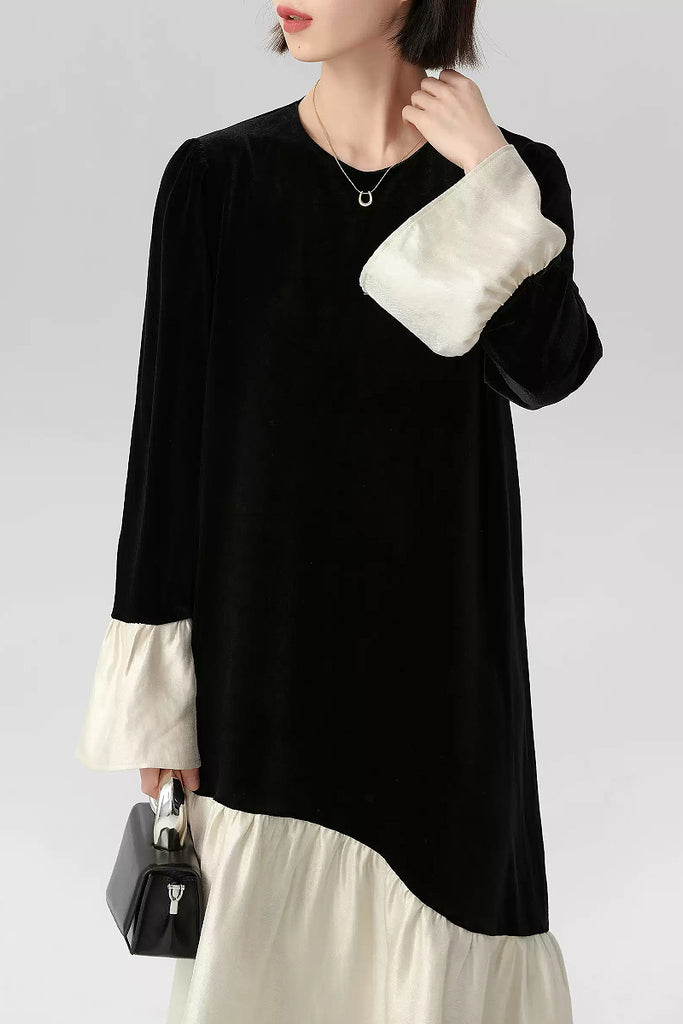 Asymmetric Patchwork Long-Sleeve Velvet Dress  Fibflx