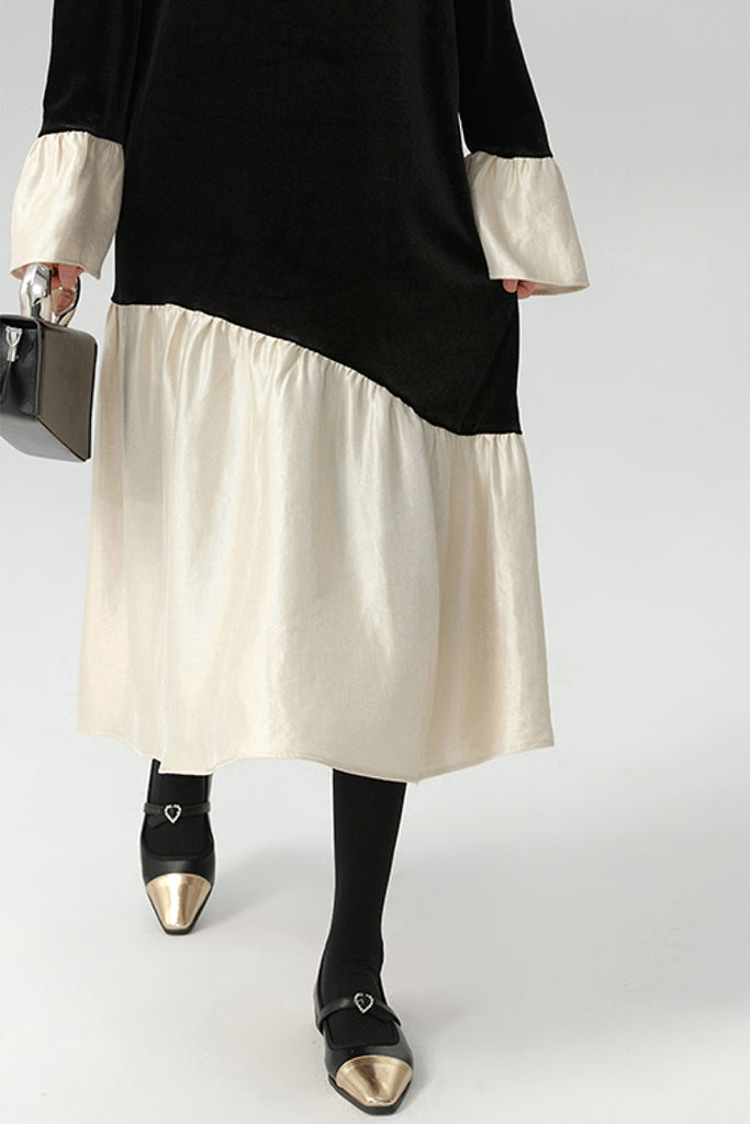 Asymmetric Patchwork Long-Sleeve Velvet Dress  Fibflx