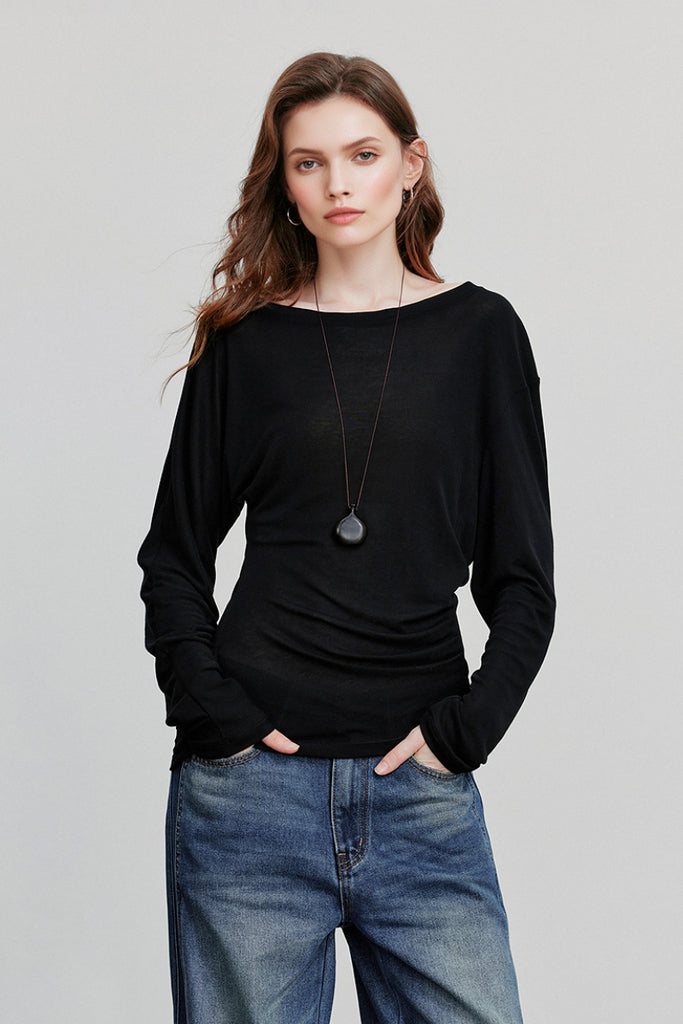 Asymmetric Tencel-Wool Long-Sleeve Top Black / L Fibflx