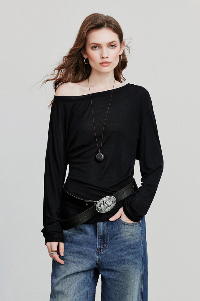 Asymmetric Tencel-Wool Long-Sleeve Top  Fibflx