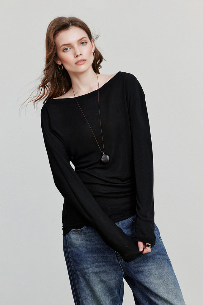 Asymmetric Tencel-Wool Long-Sleeve Top  Fibflx