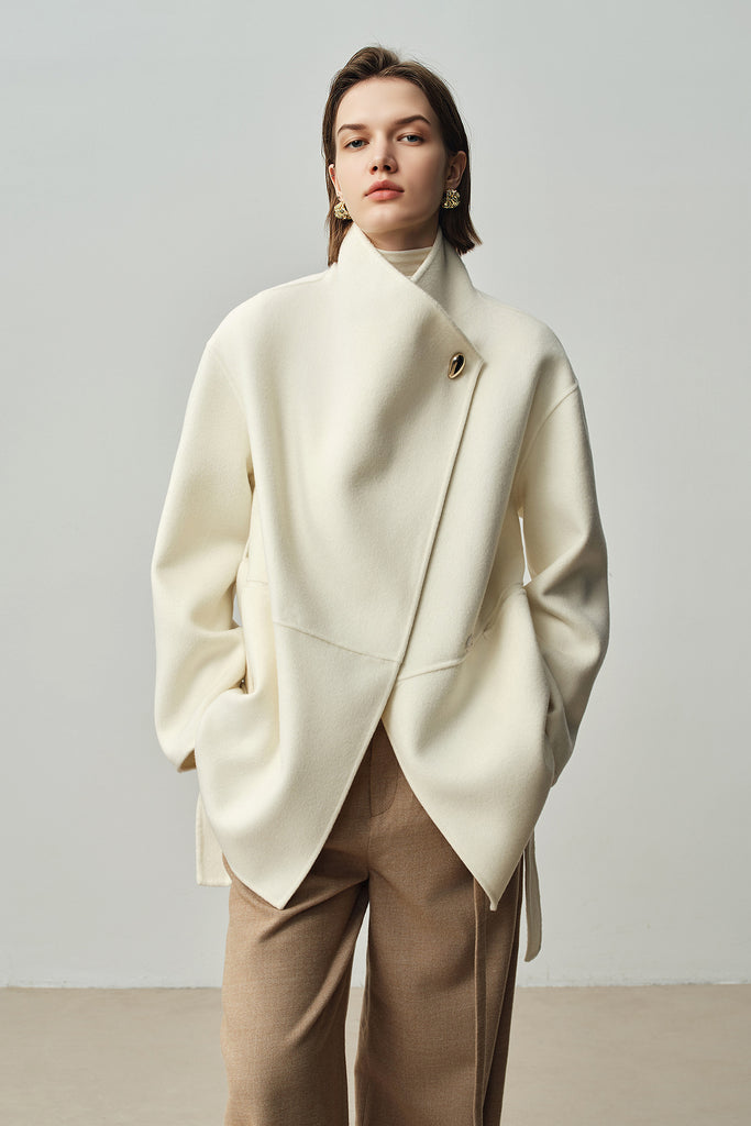 Asymmetrical Wool-Cashmere Belted Short Wrap Coat  Fibflx