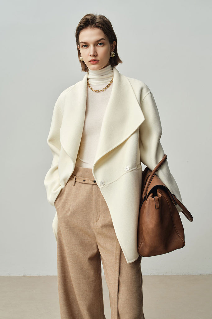 Asymmetrical Wool-Cashmere Belted Short Wrap Coat  Fibflx