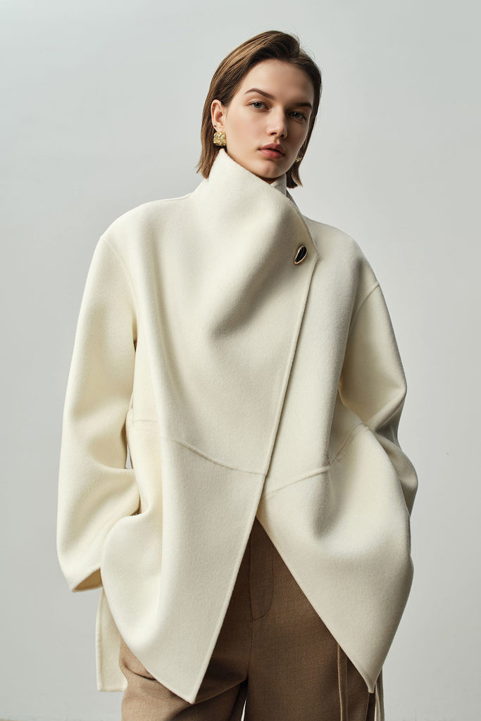 Asymmetrical Wool-Cashmere Belted Short Wrap Coat  Fibflx