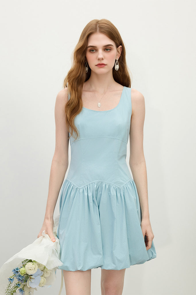 Baby Blue 100 Cotton Sleeveless Scoop-Neck Bubble Mini Dress M / Baby Blue / 100% Cotton Fibflx