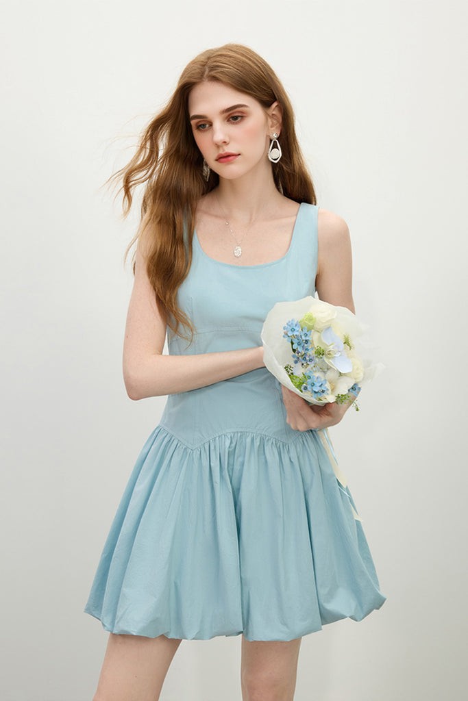 Baby Blue 100 Cotton Sleeveless Scoop-Neck Bubble Mini Dress  Fibflx