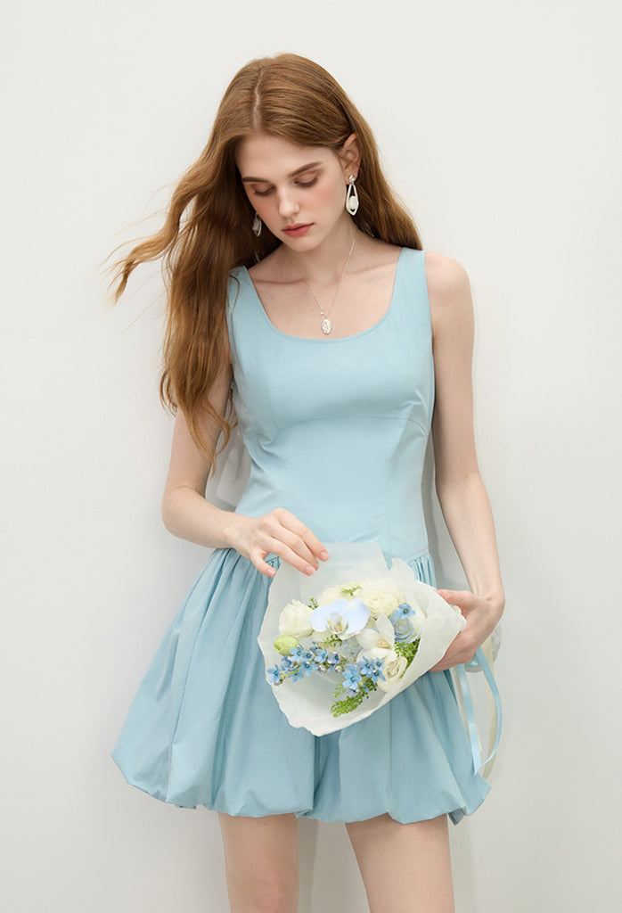Baby Blue 100 Cotton Sleeveless Scoop-Neck Bubble Mini Dress  Fibflx