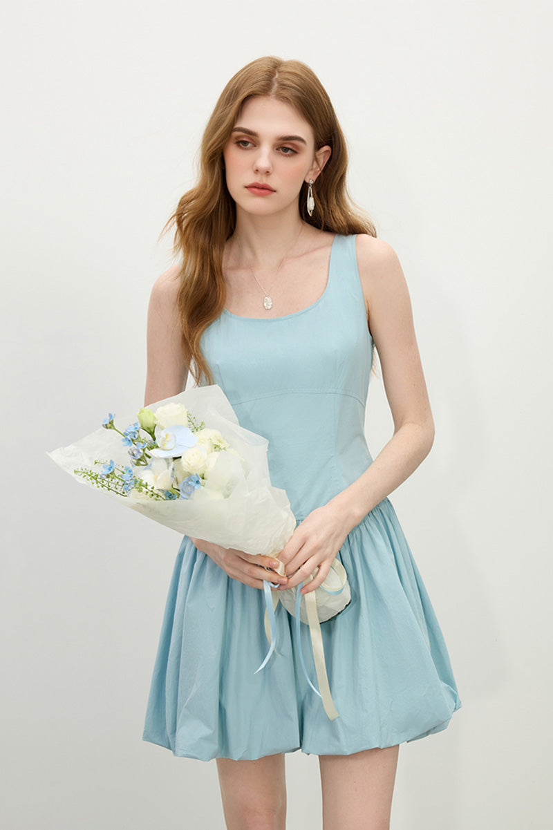 Baby Blue 100 Cotton Sleeveless Scoop-Neck Bubble Mini Dress M / Baby Blue / 100% Cotton