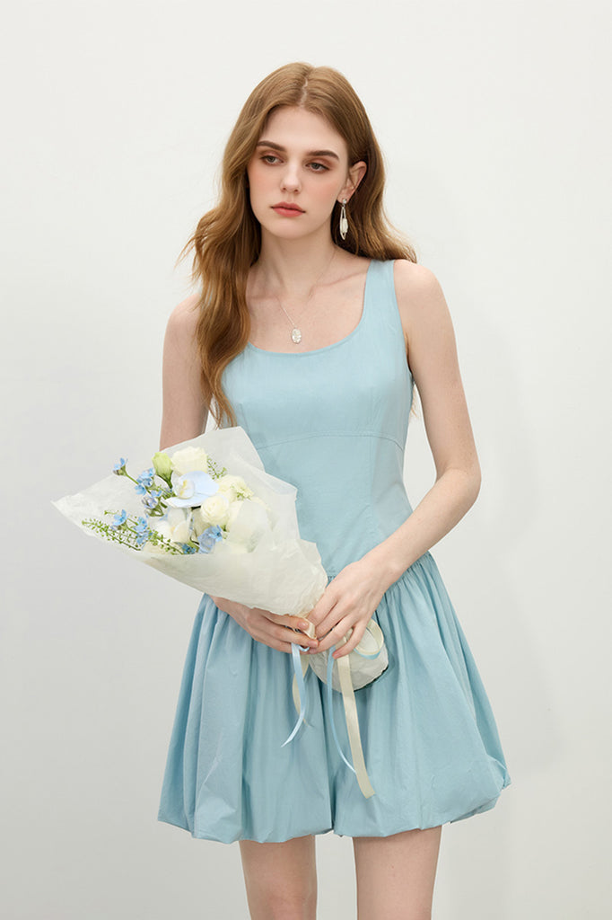 Baby Blue 100 Cotton Sleeveless Scoop-Neck Bubble Mini Dress  Fibflx