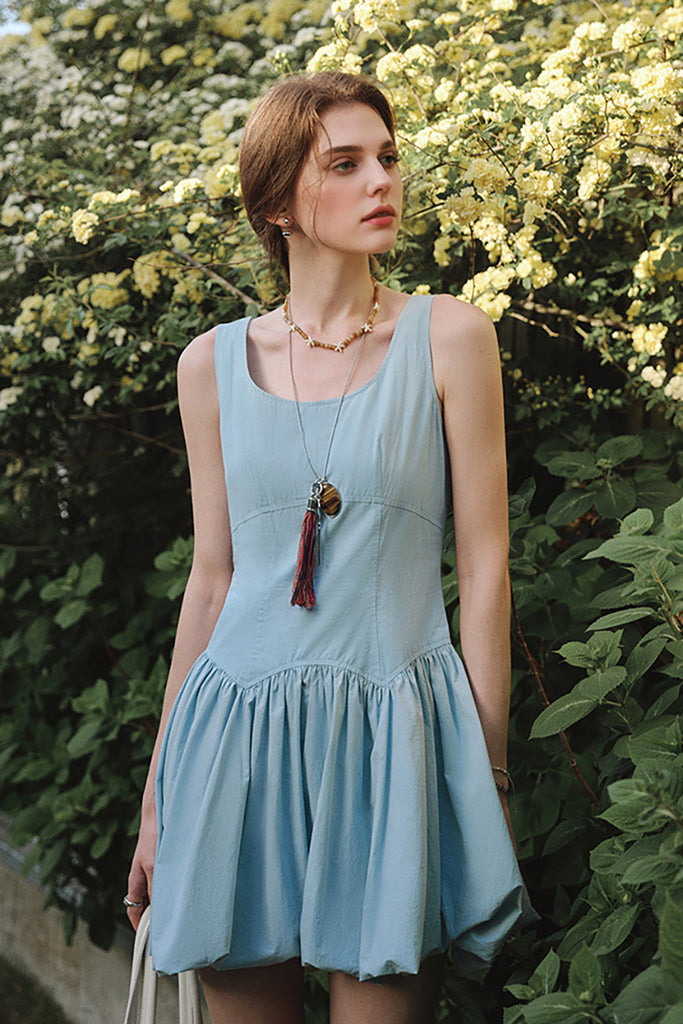 Baby Blue 100 Cotton Sleeveless Scoop-Neck Bubble Mini Dress  Fibflx