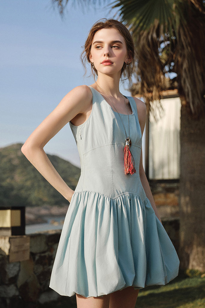 Baby Blue 100 Cotton Sleeveless Scoop-Neck Bubble Mini Dress  Fibflx