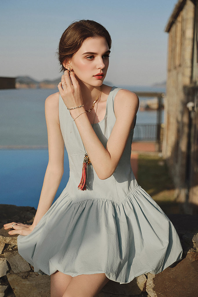 Baby Blue 100 Cotton Sleeveless Scoop-Neck Bubble Mini Dress  Fibflx