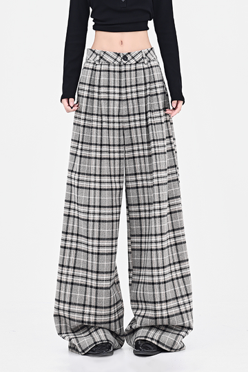 Fibflx Women's Baggy Plaid Low-Rise Wide-Leg Faux Wool Pants