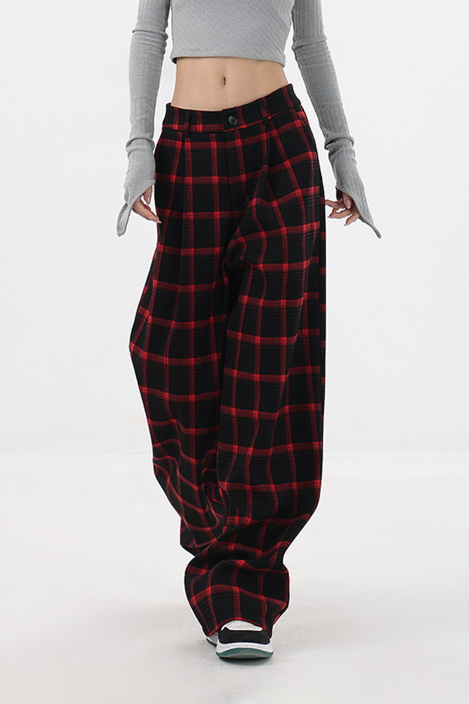 Fibflx Women's Baggy Plaid Low-Rise Wide-Leg Fleece Pants