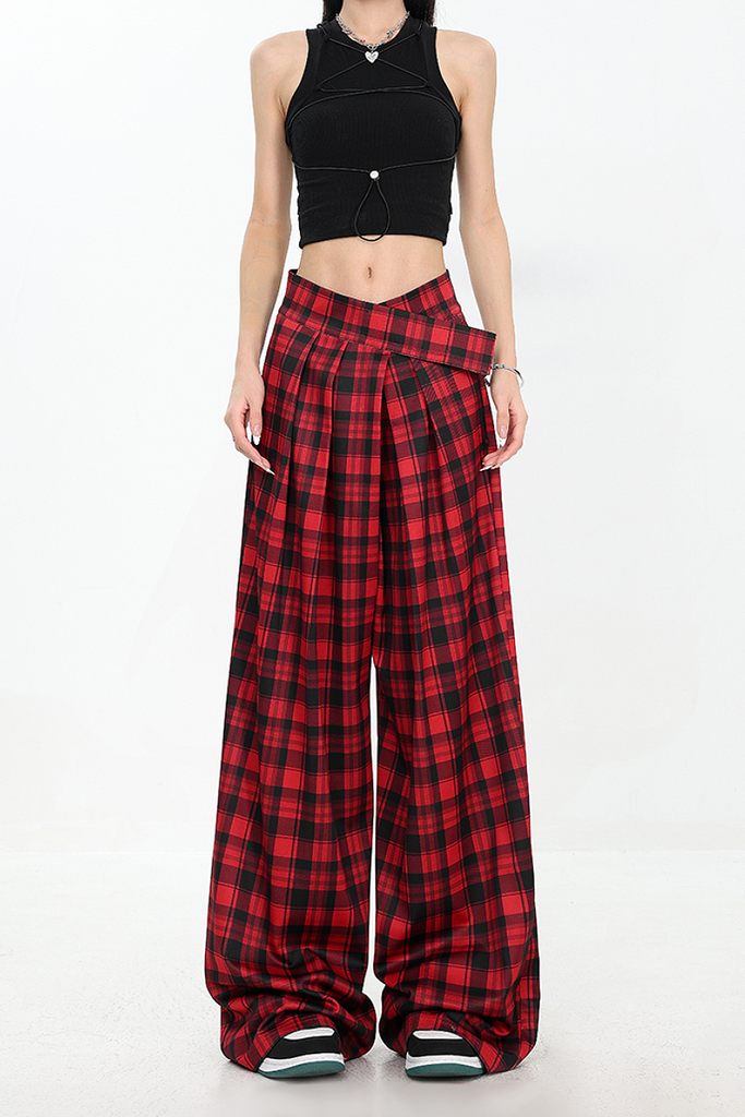 Fibflx Women's Baggy Plaid Pleated Wide-Leg Pants with Velcro Fastener