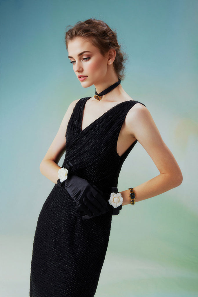 Black Beaded V-Neck Cocktail Sheath Dress  Fibflx