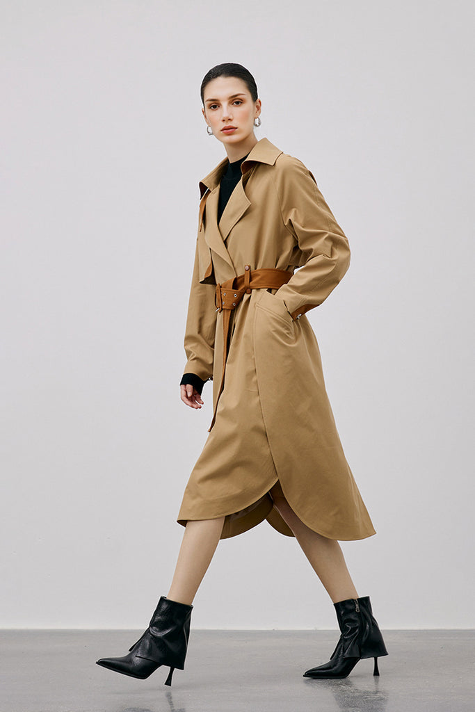 Belted Longline Wrap Trench Coat with Curved Hem  Fibflx
