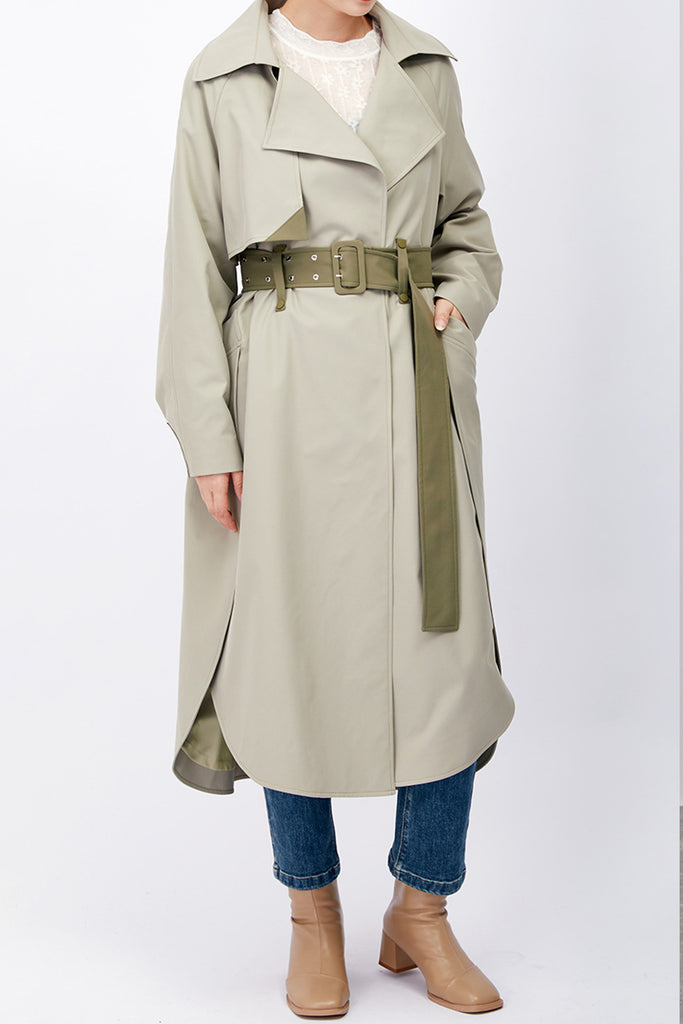 Belted Longline Wrap Trench Coat with Curved Hem  Fibflx