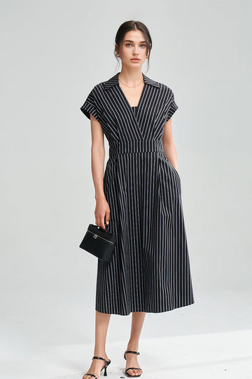 Black & White Striped A-Line Cap-Sleeve Midi Dress - Fibflx