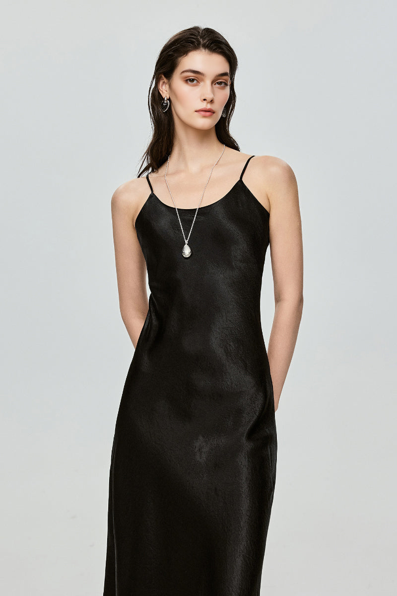 Black Bias Cut Satin Slip Midi Dress Black / S