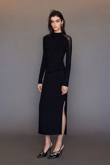 Fibflx Women's Black Bodycon Maxi Dress with Mesh Sleeve