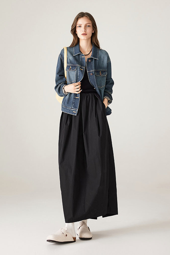 Black Cotton Maxi Skirt with Pockets  Fibflx