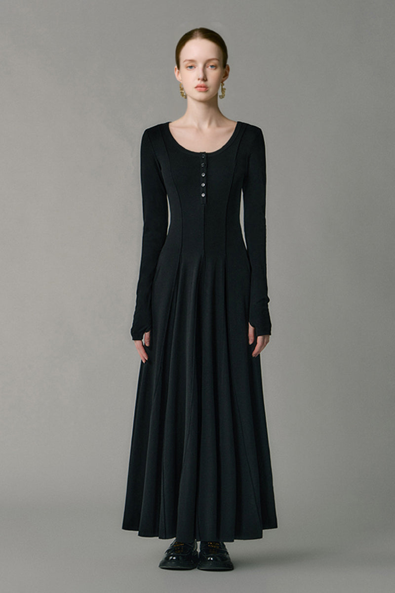Black Fit & Flare Long-Sleeve Scoop-Neck Knit Maxi Dress with Thumb Holes S / Black / 95% Organic Cotton 5% Spandex