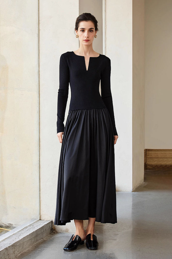 Black Fit & Flare Long-Sleeve V-Neck Maxi Dress  Fibflx