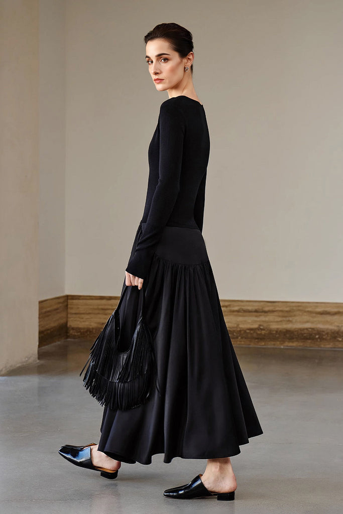 Black Fit & Flare Long-Sleeve V-Neck Maxi Dress  Fibflx