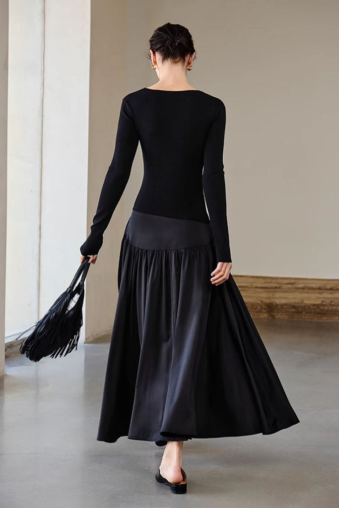 Black Fit & Flare Long-Sleeve V-Neck Maxi Dress  Fibflx