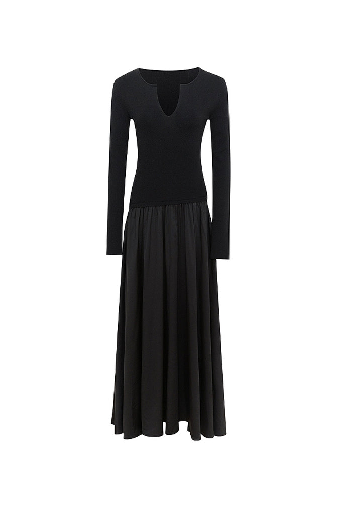 Black Fit & Flare Long-Sleeve V-Neck Maxi Dress  Fibflx