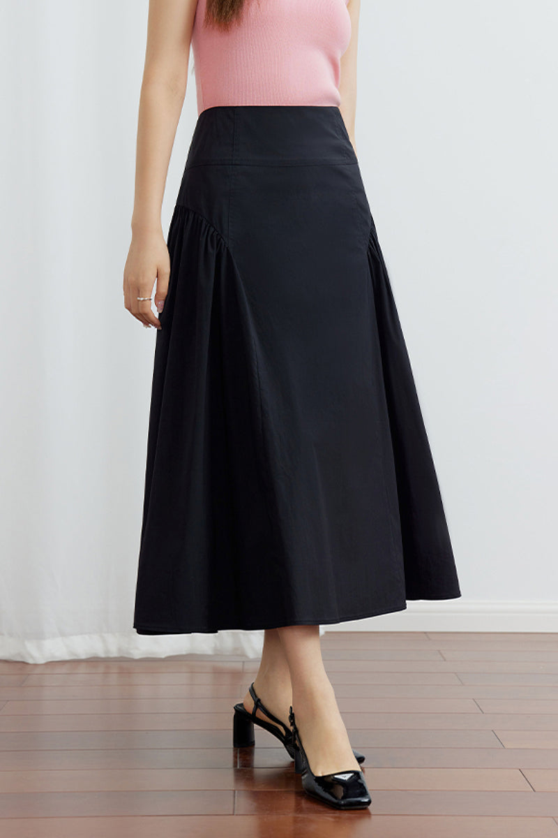 Black High-Waist A-Line Midi Skirt with Side Gathers | FIBFLX
