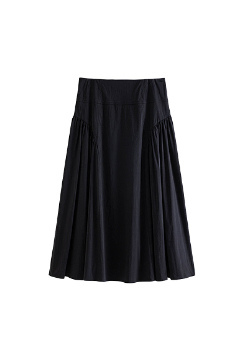 Black High-Waist A-Line Midi Skirt with Side Gathers | FIBFLX