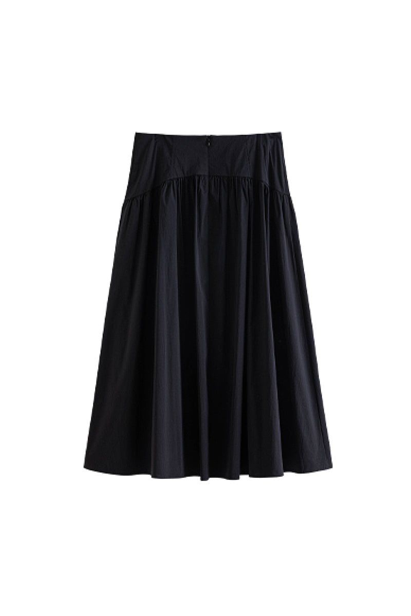 Black High-Waist A-Line Midi Skirt with Side Gathers | FIBFLX