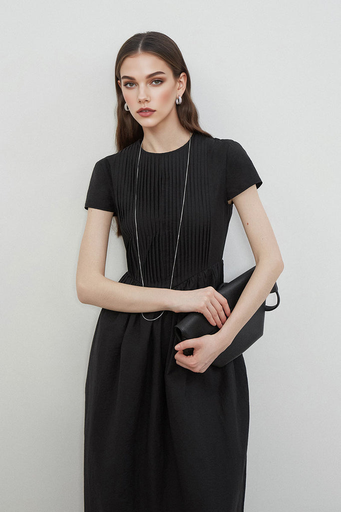 Black Long-Staple Cotton Midi Dress with Front Pleat  Fibflx
