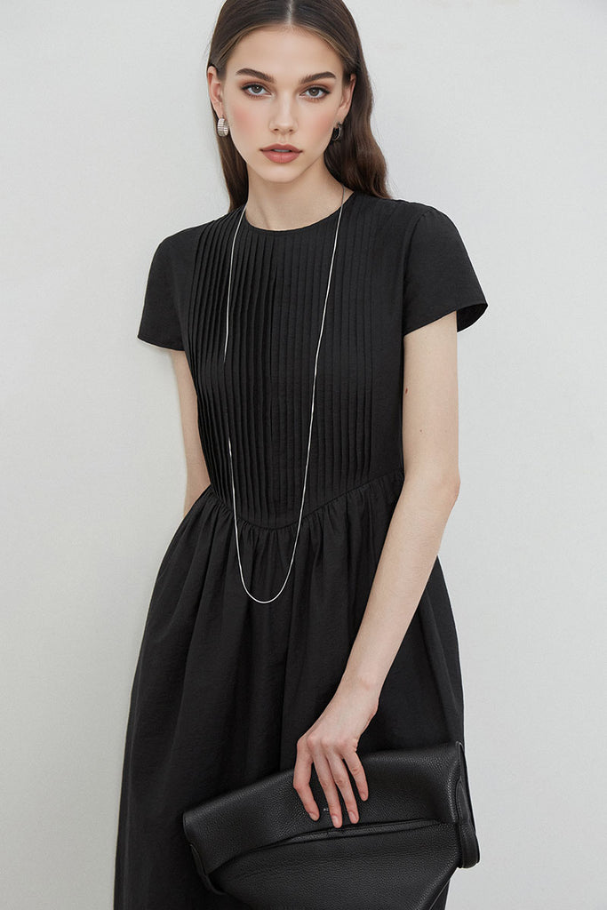 Black Long-Staple Cotton Midi Dress with Front Pleat  Fibflx