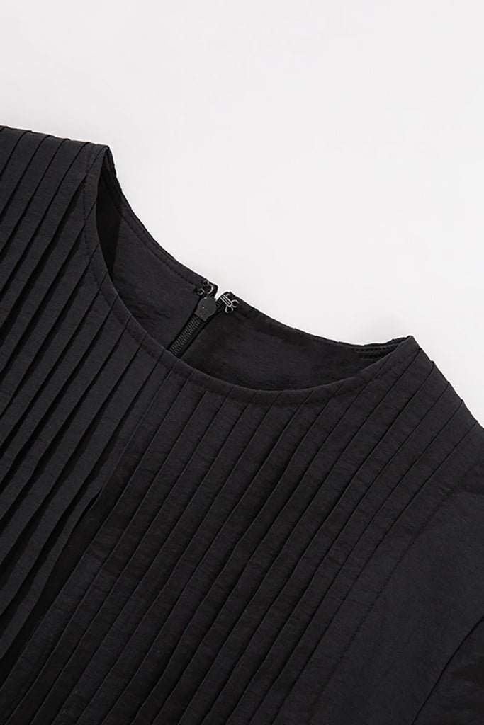 Black Long-Staple Cotton Midi Dress with Front Pleat  Fibflx