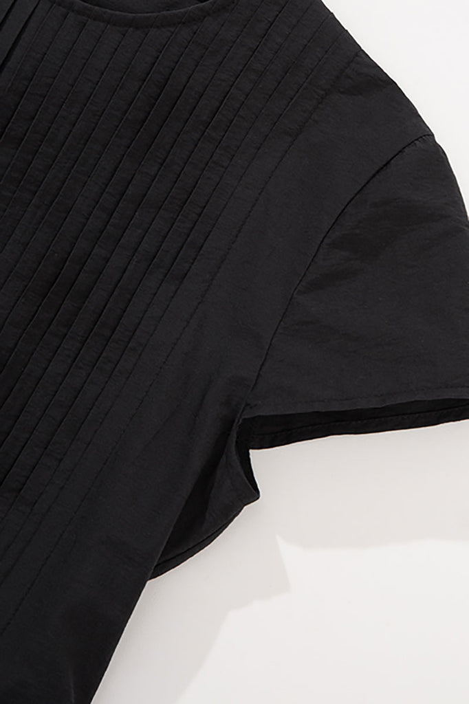 Black Long-Staple Cotton Midi Dress with Front Pleat  Fibflx