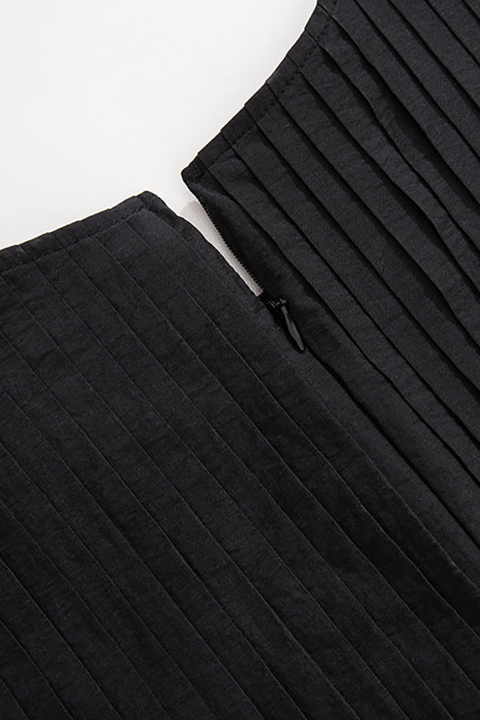 Black Long-Staple Cotton Midi Dress with Front Pleat  Fibflx