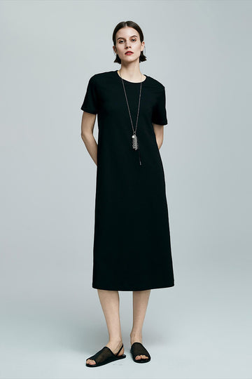 Fibflx Women's Black Midi T-Shirt Dress with Pockets