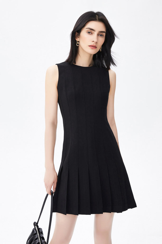 Black Pleated Sleeveless A-Line Mini Dress in Triacetate L / Black / 70% Triacetate 30% Recycled Polyester Fibflx