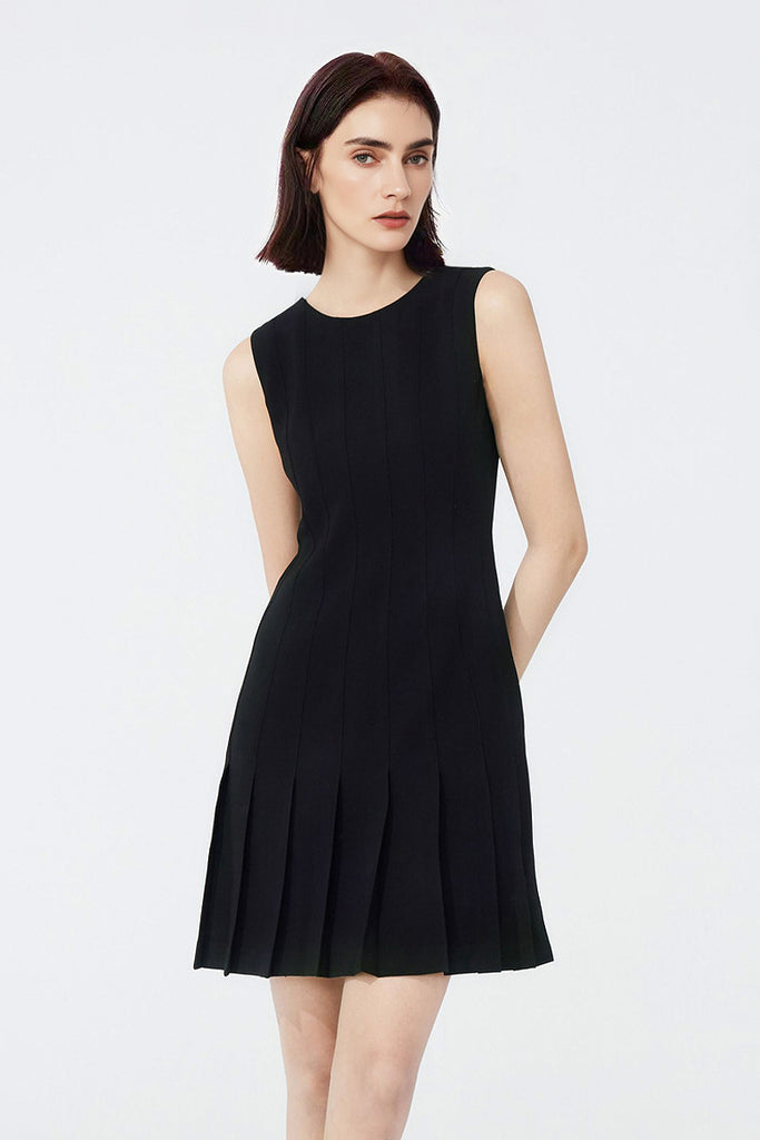 Black Pleated Sleeveless A-Line Mini Dress in Triacetate  Fibflx