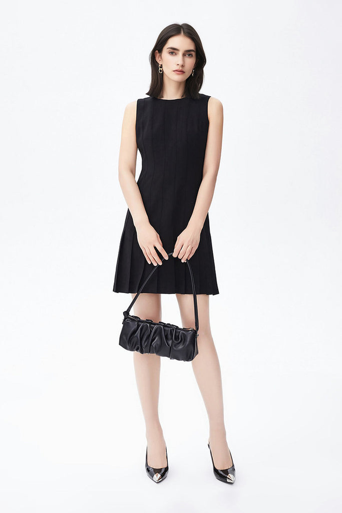 Black Pleated Sleeveless A-Line Mini Dress in Triacetate  Fibflx