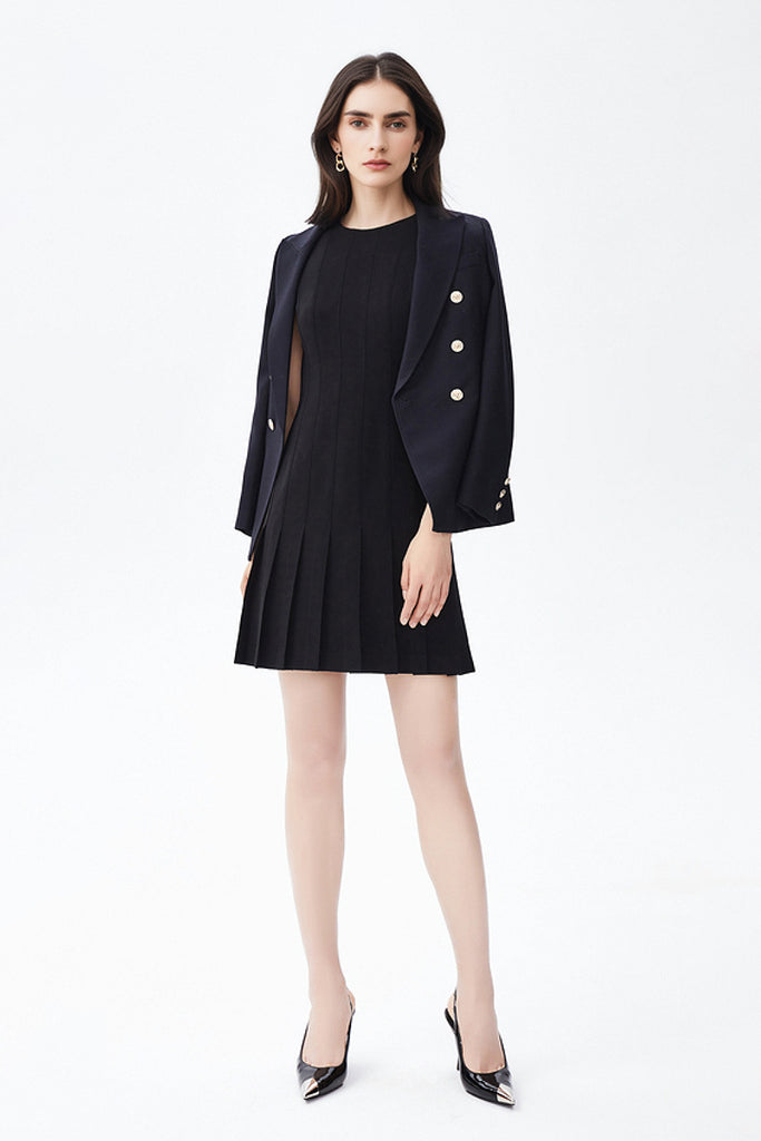 Black Pleated Sleeveless A-Line Mini Dress in Triacetate  Fibflx