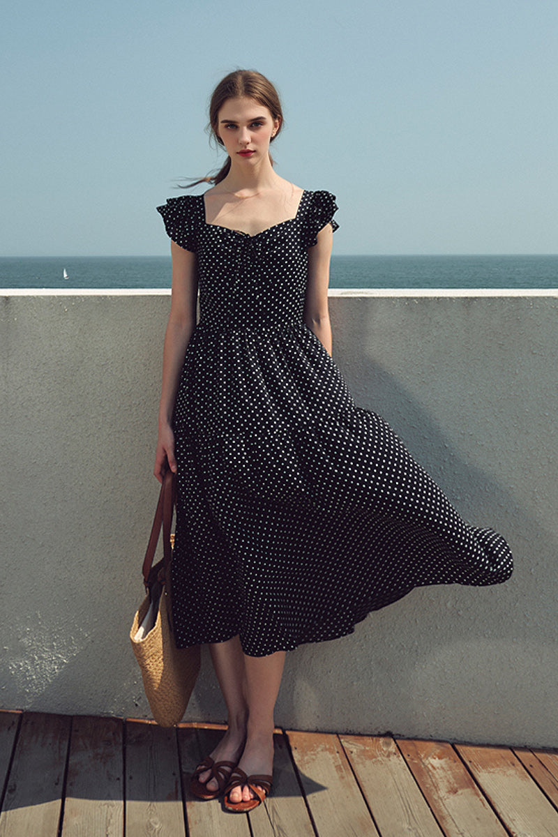 pleated sweetheart midi dress in polka dot The Paris Polka Dot Midi Dress