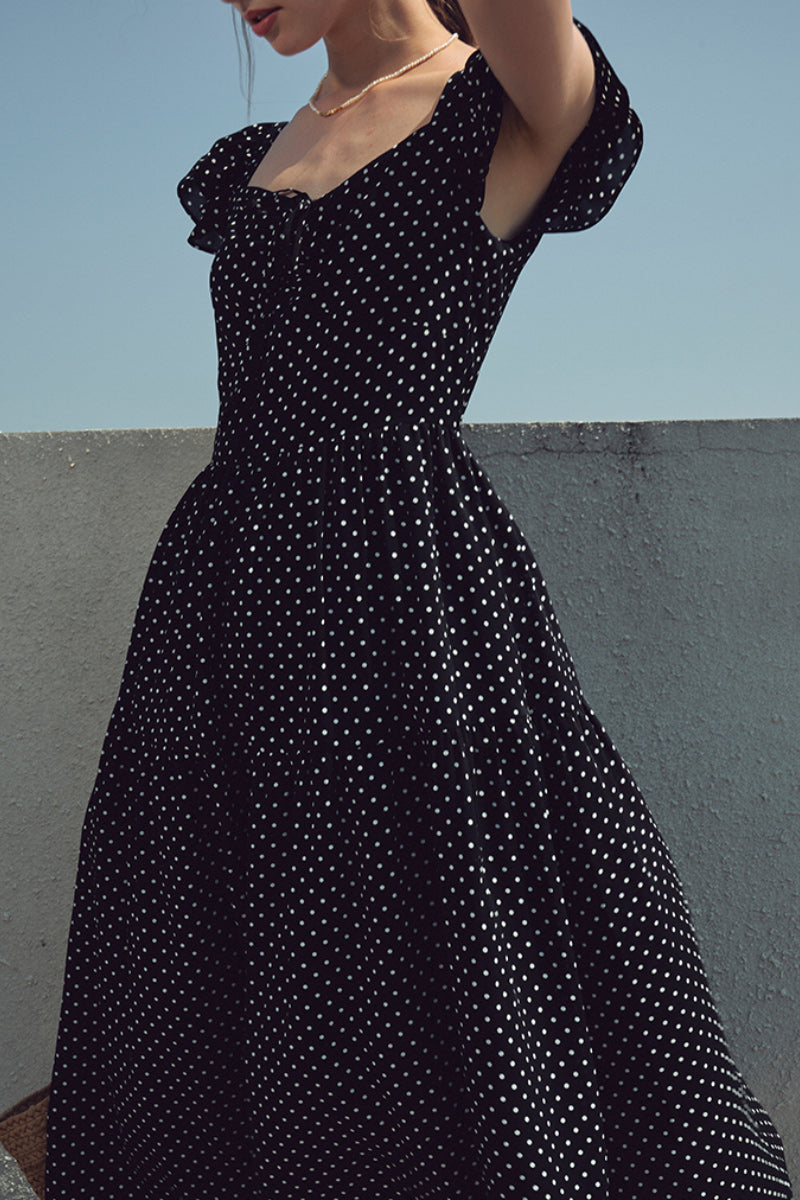 pleated sweetheart midi dress in polka dot Polka Dot Bustier Sweetheart Midi Dress
